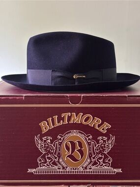 Biltmore Blue Black Wool Fedora with Grosgrain Band